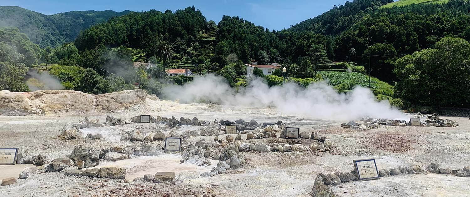 Hot springs and fumaroles at Furnas Valley in São Miguel, Azores Cycling Adventure