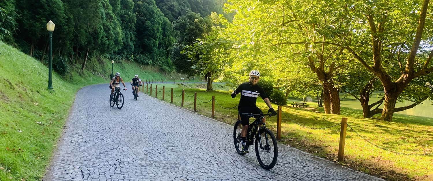 Cyclist riding trail in Azores